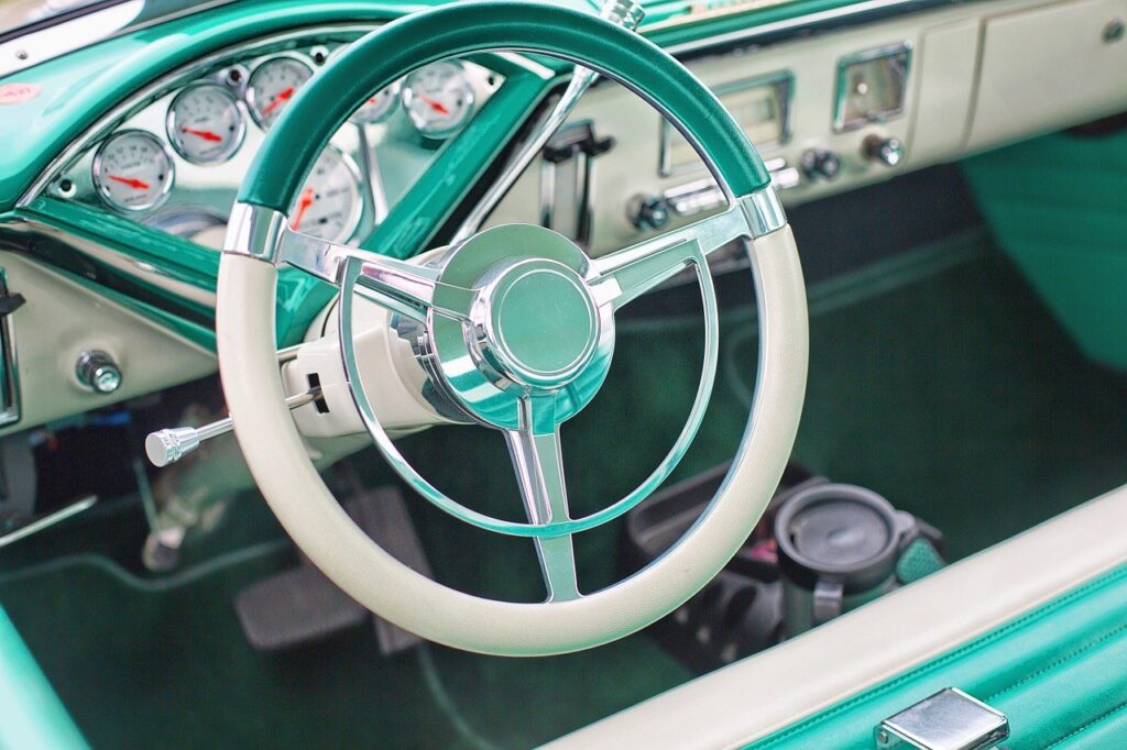 vintage car, turquoise, interior